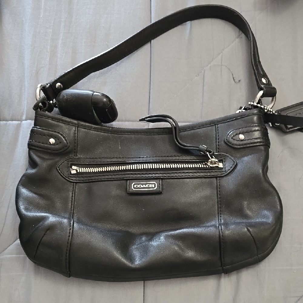 Coach Black Leather Shoulder Bag with Silver Accents